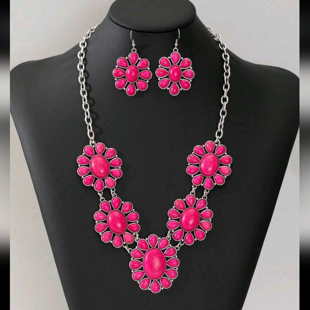 Pink Floral Necklace and Earring Set